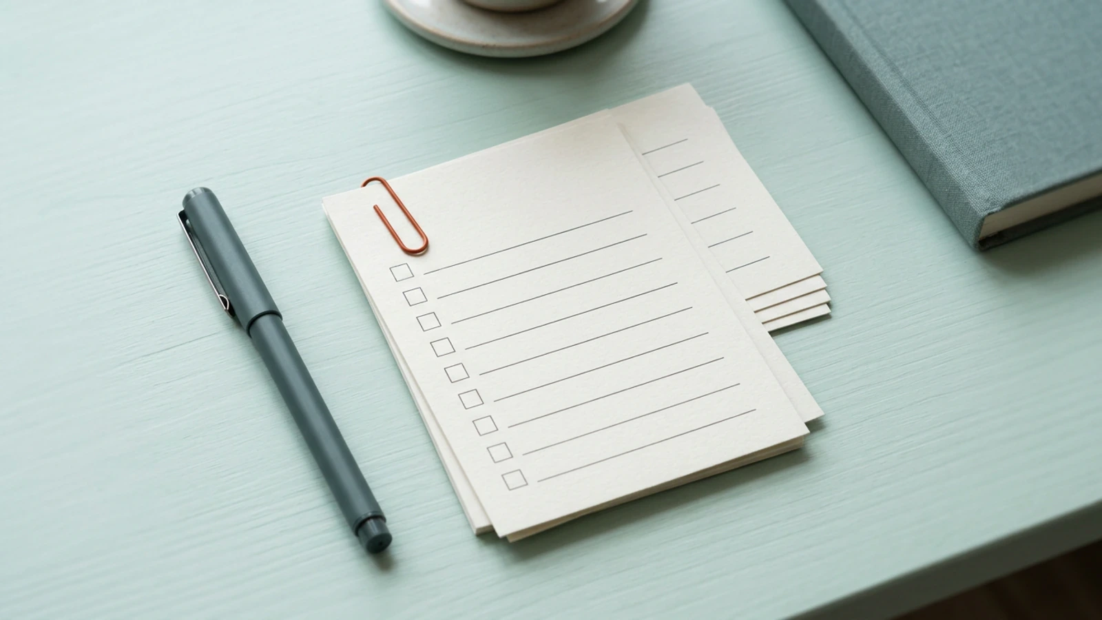 Organised desk-inspired composition in muted neutrals suggesting productivity across notices, compliance, and minutes