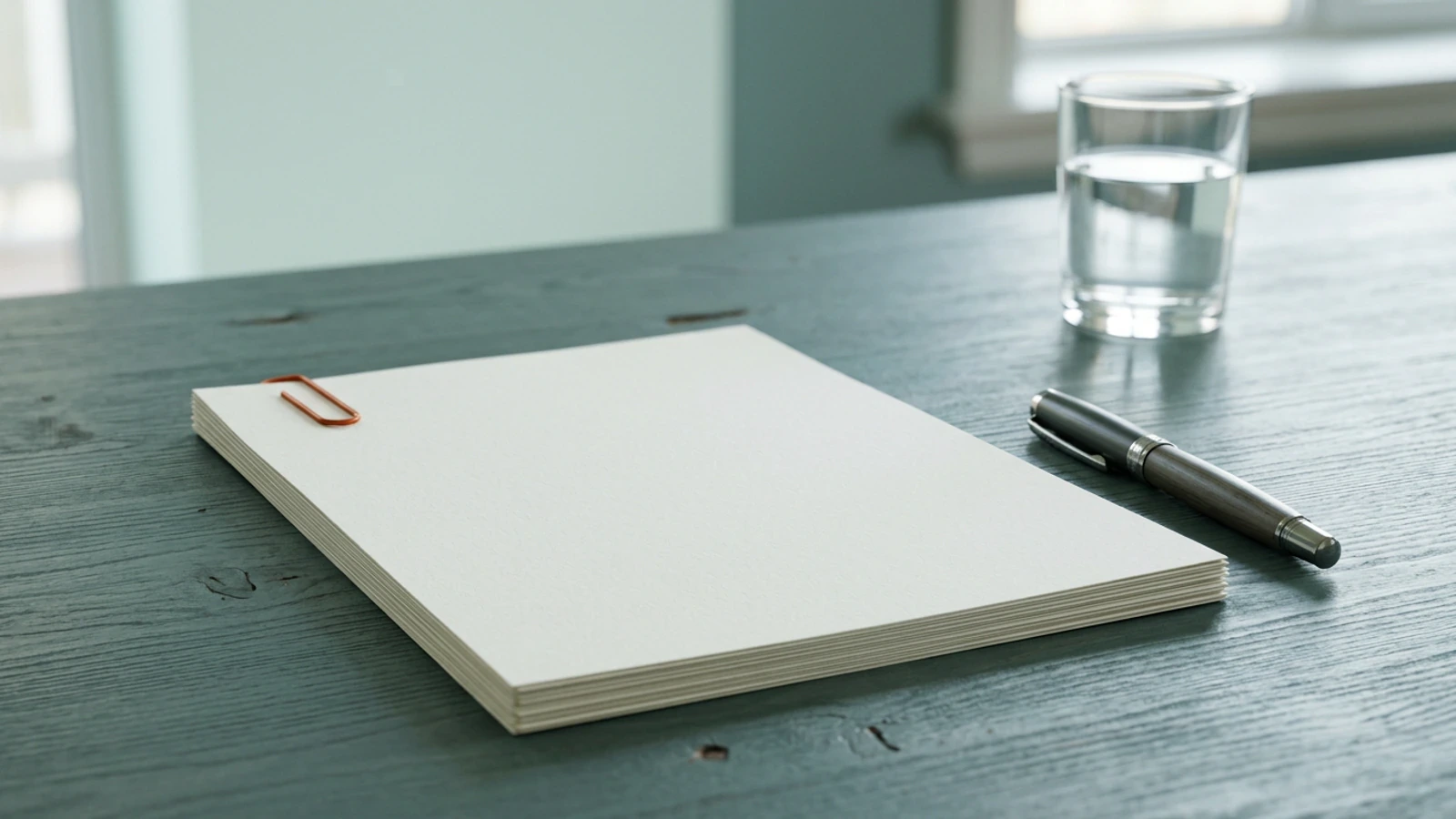 Minimal meeting table surface in mint and teal neutrals suggesting agenda preparation and formal resolutions