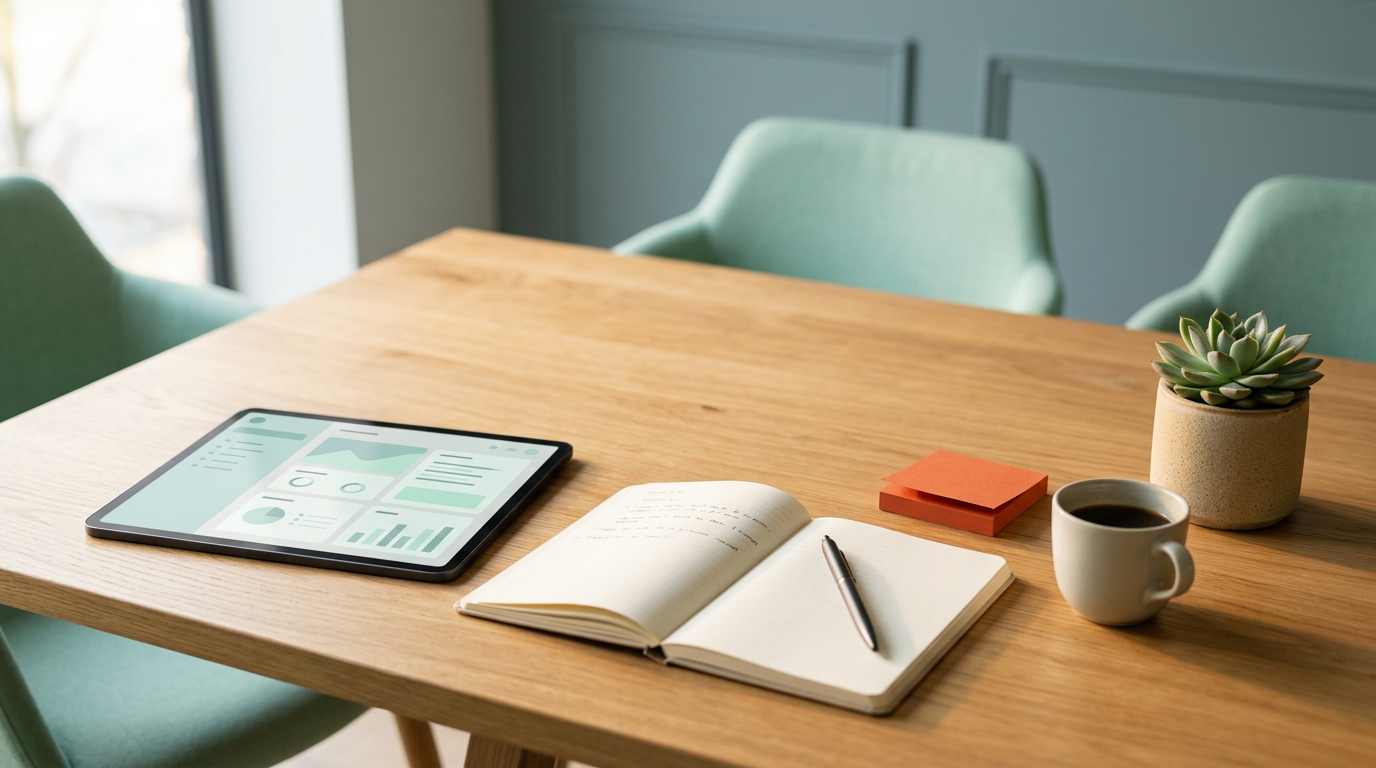 Calm modern committee table in muted mint and teal tones with a warm terracotta sticky-note accent suggesting a friendly always-on assistant